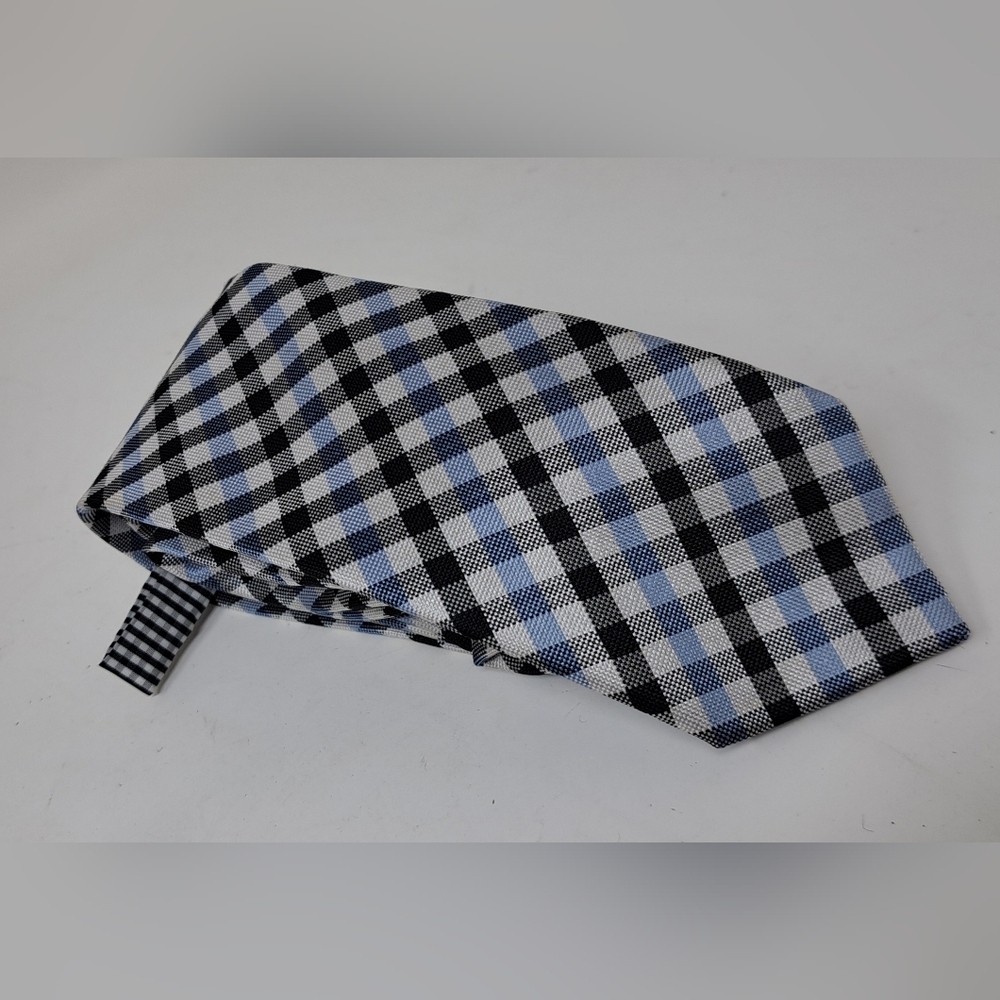 Ben Sherman Men's Slim Tie Neck Tie 100% Silk Black Blue White Check 61"